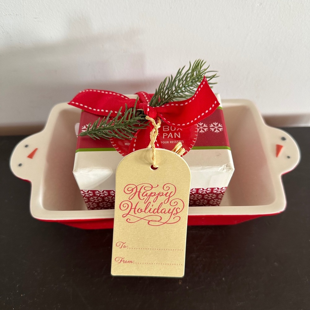 Hallmark Sweet Treats Christmas Snowman Ceramic Loaf Pan and Recipe Box Set Red